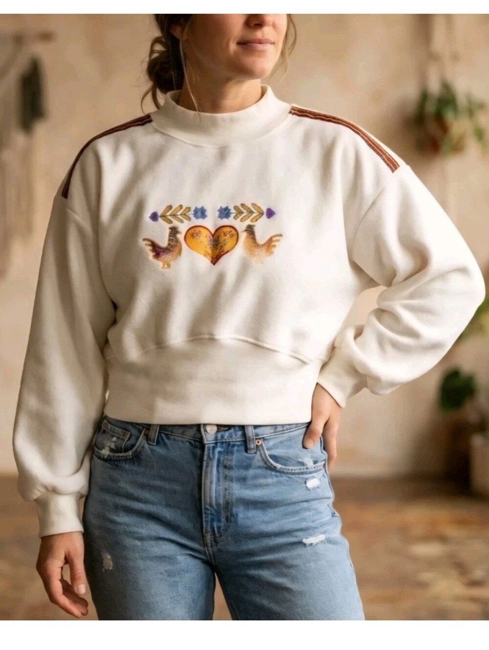Vintage Gitano Folk Art Cropped Sweatshirt Embroidered Cottagecore Heart Rooster